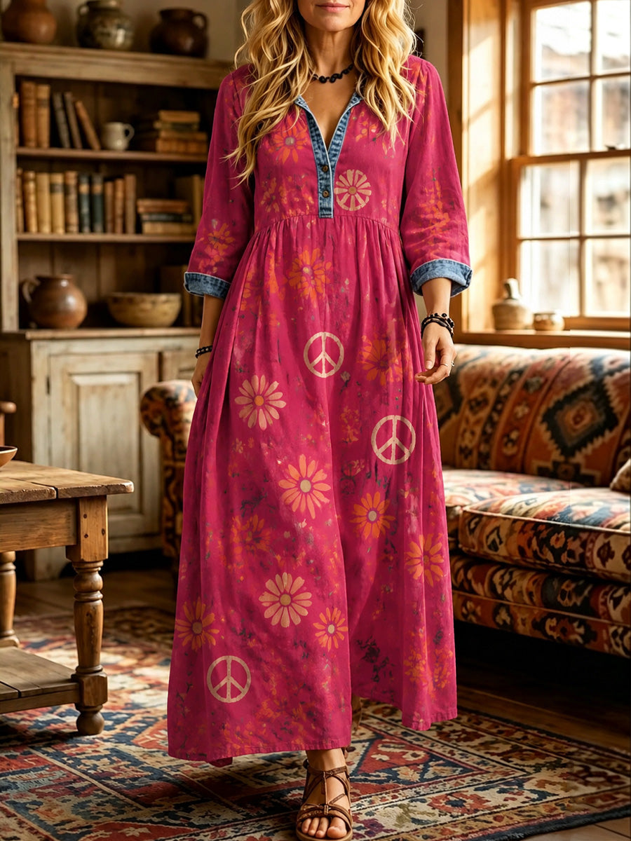 Women's Hippy Floral Art Print Washed Cotton Denim Patchwork Midi Dress
